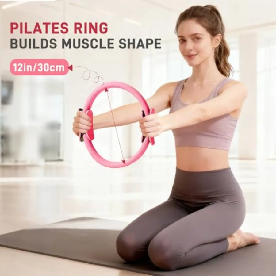 Pilates Ring Set 15 PCS Home Pilates Essentials Kit for Women 12 Pilates Ring and 9 Ball Set Pilates Kit with Ankle Weights 2LB