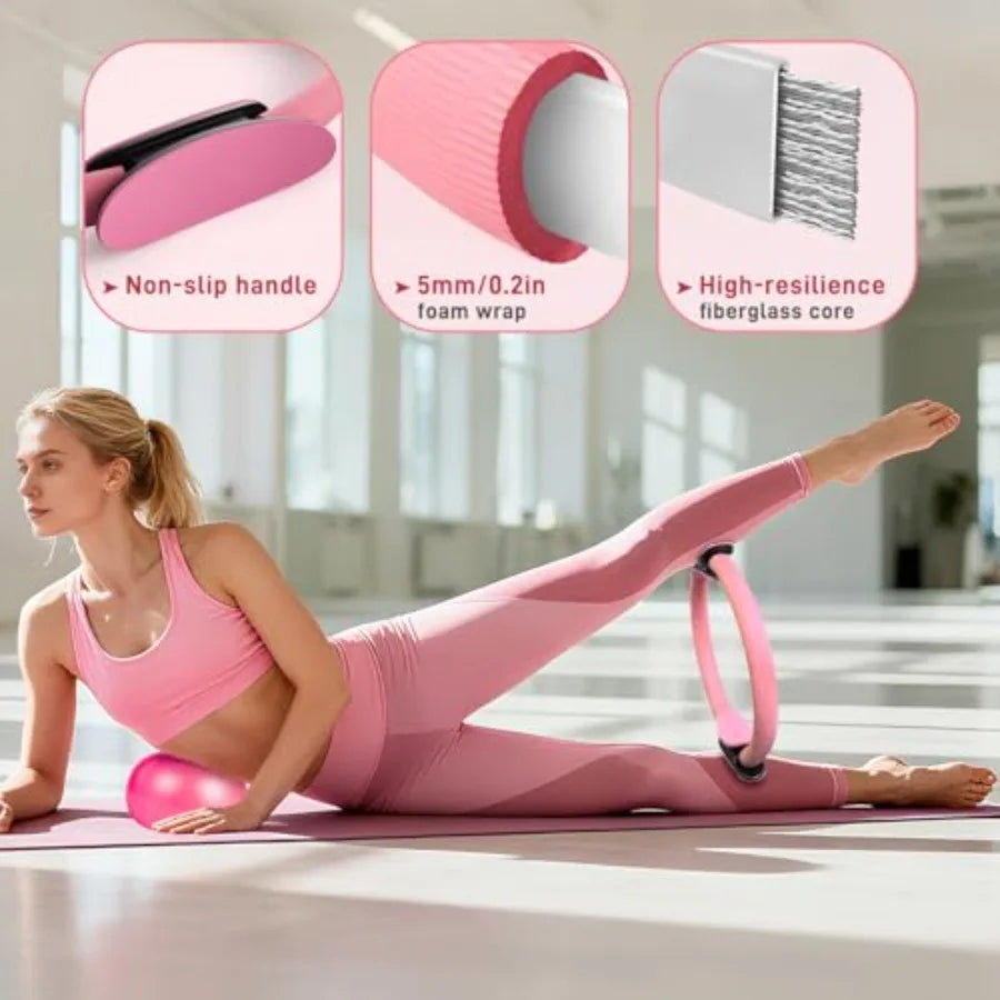 Pilates Ring Set 15 PCS Home Pilates Essentials Kit for Women 12 Pilates Ring and 9 Ball Set Pilates Kit with Ankle Weights 2LB